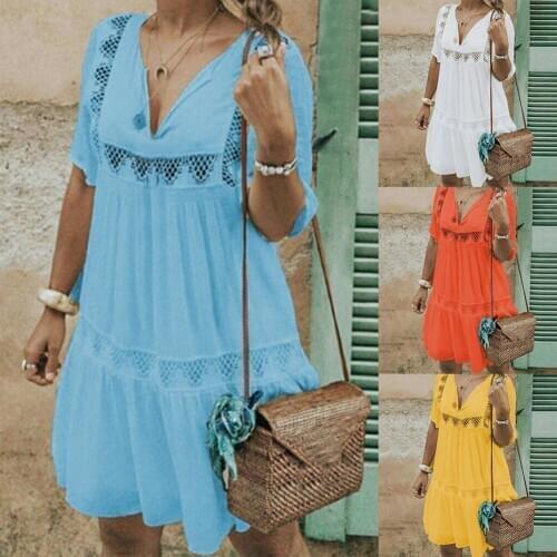 Plus Size Summer Lady Crochet Solid Color V Neck Short Sleeve Pleated Mini Dress