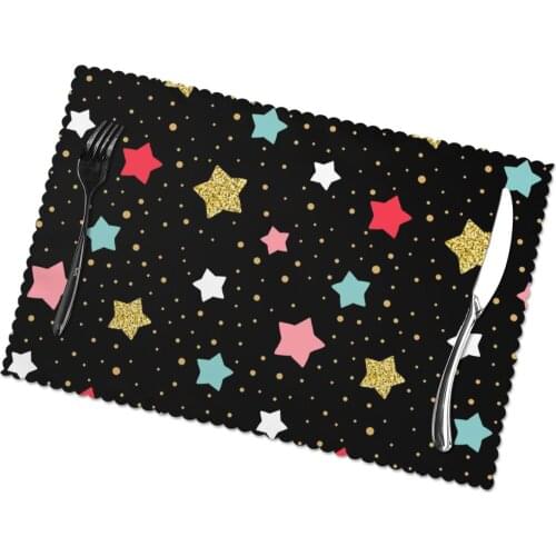 Set of 6 Colorful Stars Dots On Black Placemats for Dining Table Place Mat in Kitchen Accessories Cup Wine Mat