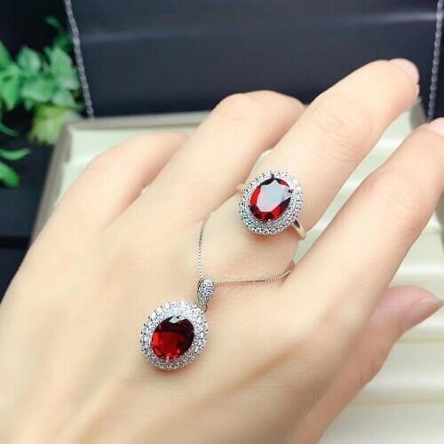 Natural real red garnet luxury style jewelry set 1pc ring 1pc pendant gemstone 925 sterling silver