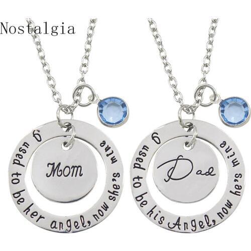Nostalgia Mom Dad Round Pendant Necklace Mommy Daddy Jewelry With Blue Crystal I Used To Be Her/His Angel