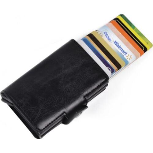 New Men Women Business Credit Card Holder Crazy Horse PU Leather Card Holder Metal RFID Double Aluminium Box Travel Card Wallet