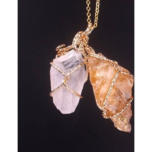 New Classic Handmade Twining Irregular Natural Stone Twins Pendant Pink Quartz Crystal Necklace For Women