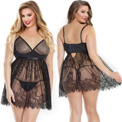 New arrival party Nightdress suit Sexy Spaghetti strap Eyelash lace Mesh Sheer Plus Size Short Women Nightdress suit With Thong