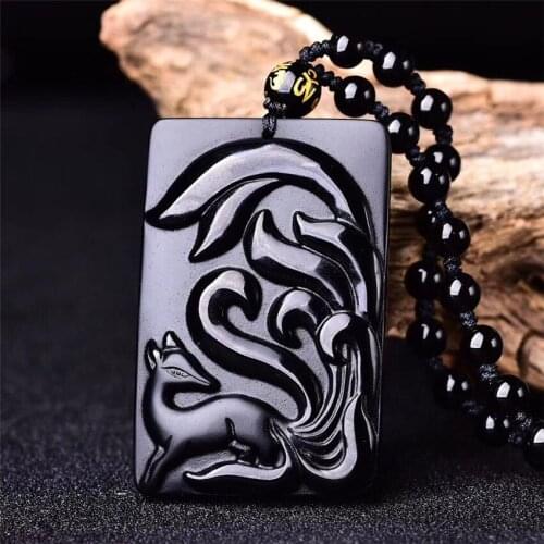 Natural Black Obsidian Hand-carved Nine-tailed Fox Pendant Fashion Boutique Jewelry Men and Women Fox Necklace Gift Accessories