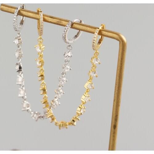 925 sterling silver earring fashion zircon 2pierced Siamese ears chain ear bone ear buckle personality trend woman girl ear jewe