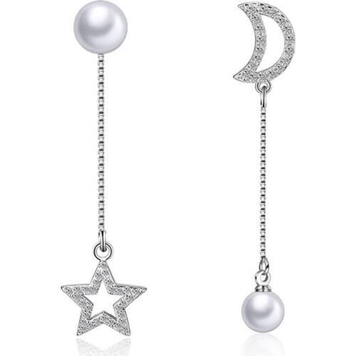 Elegant Silver Asymmetric Star Moon Ear Chains Dangle Earrings Long Pearl Earring For Women Pendientes Jewelry Wholesale