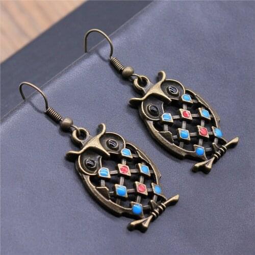 Vintage Antique Bronze Color 31x19mm Owl Charms Drop Earrings Fashion Handmade Women Earring