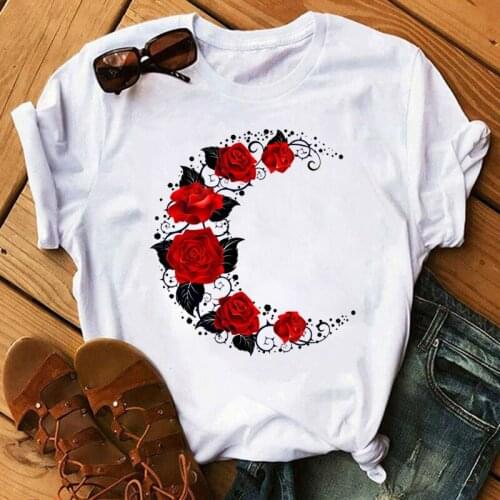 Womens White Tops Red Roses Womens Tops Short Sleeve T-shirts 90S Womens T-shirts Womens Tops