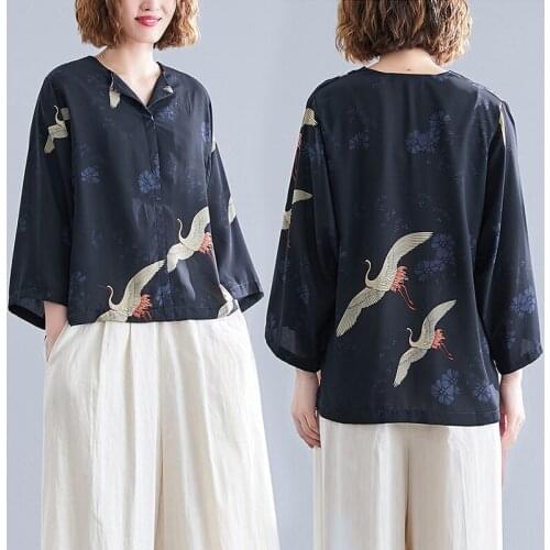 Women Top 2020 Kimono Shirt Crane Print Asian Streetwear Harajuku Japanese Clothes Japanese Sweets Kimonos Yukata Women 11290