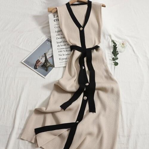 2021 Summer Womens New V-Neck Sleeveless Stitching Solid Color Single-Breasted Knitted Dress Elegant Sweater Dress