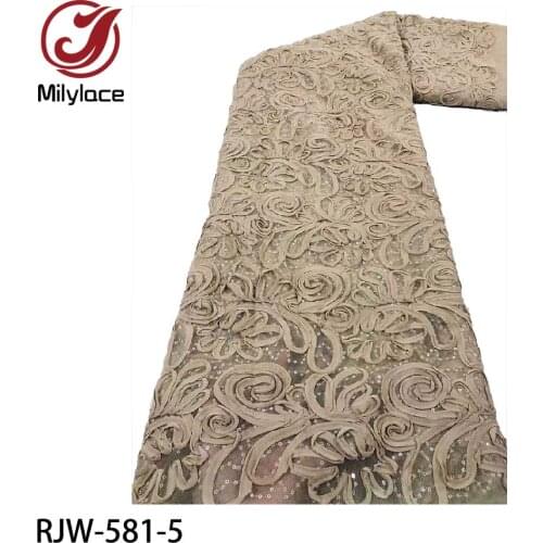 Gold African Lace Fabric High Quality Lace Applique Nigerian French Tulle Lace Fabric with Sequin for Wedding Dress RJW-581