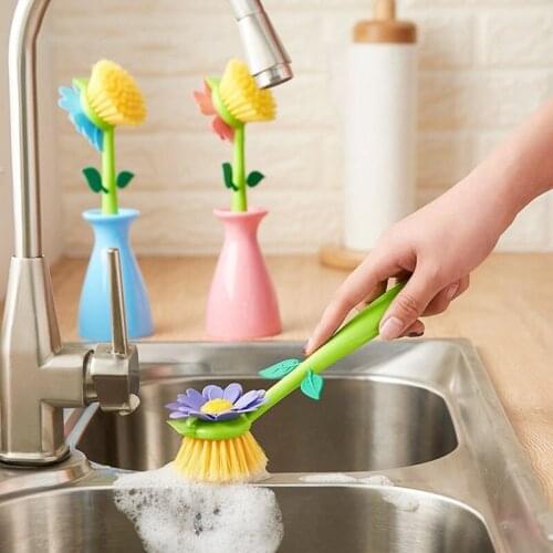 1PC Kitchen Bathroom Removable Handle Brush Bottle Bowl Dish Pot Cleaner flower Shaped Cleaning Brush Clean dropship