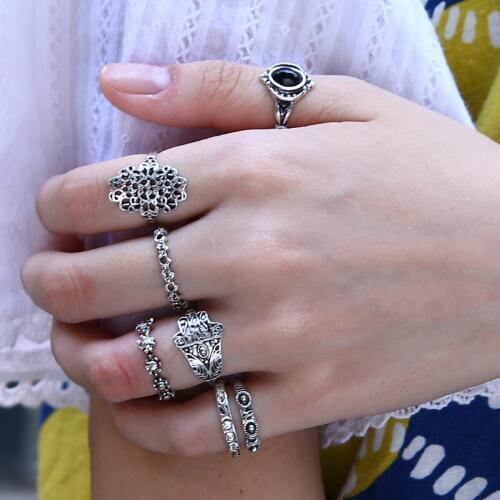 7pcs/lot Punk Gem Stone Ring Sets Vintage Women Boho Midi Above Knuckle Ring Femme Bijoux For Women Jewelry Accessories