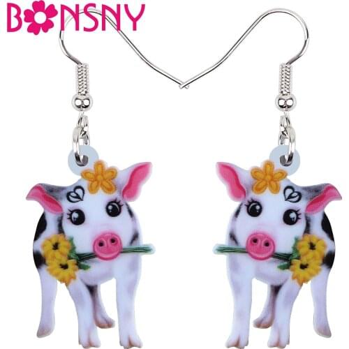 Bonsny Acrylic Valentines Day Anime Pig Rose Earrings Drop Dangle Jewelry For Women Girl Teens Kids Party Charm Decoration Gift