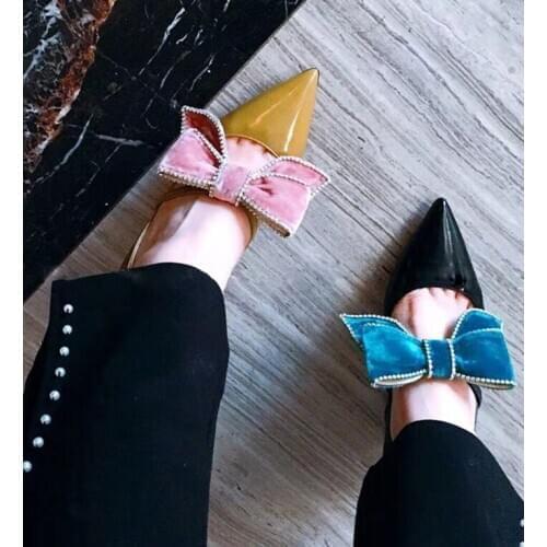 Glitter Rhinestone Lacework Big Velvet Bowtie Elastic Pumps Women Sexy Pointed toe Patent Leather Cone High Heels Fashion Shoes