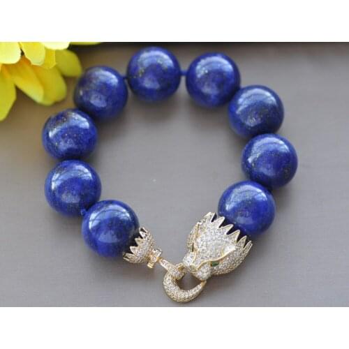 Z10179 8" 20mm Natural Round Blue lapis-lazuli Bead Bracelet CZ
