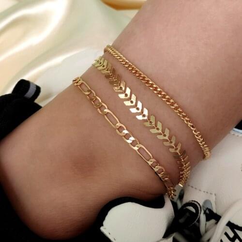 Flatfoosie 3Pcs/set Gold Silver Color Simple Chain Anklets For Women Beach Foot Leg Jewelry Fish Bone Metal Chain Ankle Bracelet