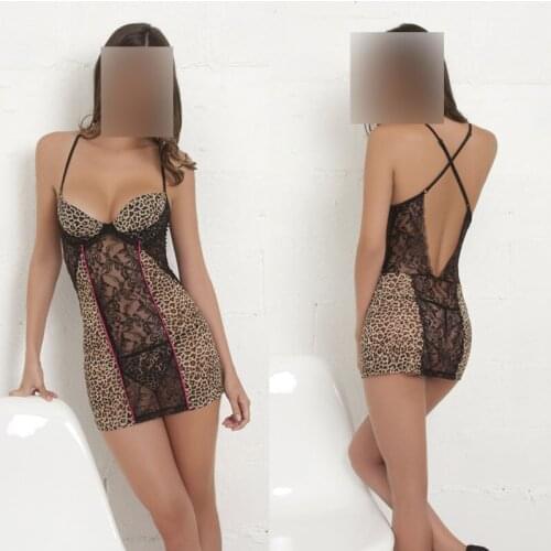 Hot Leopard Spaghetti sleepwear Women Lace Deep V Suspender Night sleepwear Satin Sleepwear Nightgown Sexy Lingerie w8252