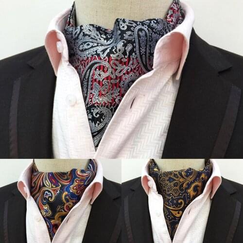 GUSLESON Vintage Men Ascot Vintage Paisley Floral Jacquard Woven Tie Self Cravat Necktie Scrunch British style Gentleman Luxury