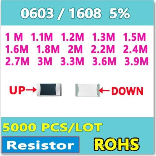 JASNPROSMA 0603 J 5% 5000pcs 1M 1.1M 1.2M 1.3M 1.5M 1.6M 1.8M 2M 2.2M 2.4M 2.7M 3M 3.3M 3.6M 3.9M smd 1608 OHM new Resistor