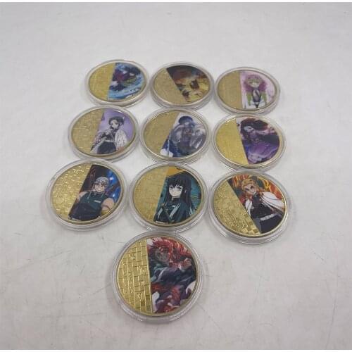10 types Anime Demon Slayer Kimetsu no Yaiba Gold Plated Coin Collectibles with Coin Box Japanese Challenge Coins