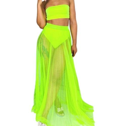 3 Piece Bikini Set Bandeau Neon Womens Swimsuit with Long Skirt 2021 Summer Designer Swimsuit Tube Top Swimwear