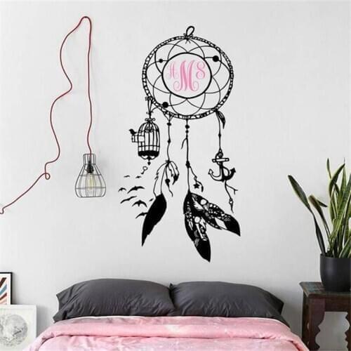 Dream Wall Decal Catcher Monogram Initial Custom Family Feather Bird Bohemian Protection Amulet Vinyl Sticker Home Décor HY1536