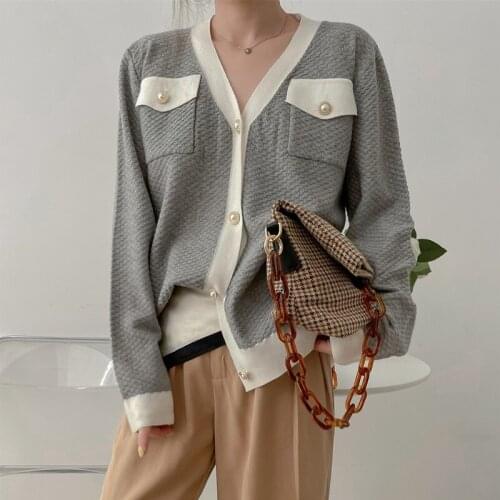 New 2021 Womens Autumn Winter Knitted Sweaters Fashionable Pearl Buttons Elegant Cardigans Vintage Wild Oversized Knitwear Tops