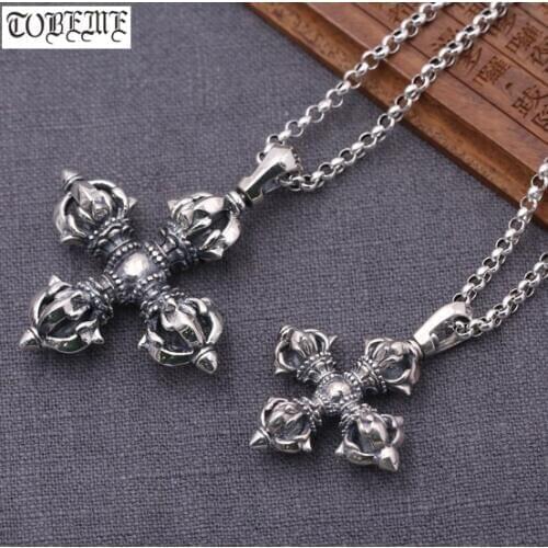 Handmade 100% 925 Silver Tibetan Double Dorje Pendant Necklace Sterling Hinduism Vajra Pendant Necklace Buddhist Vajra Amulet