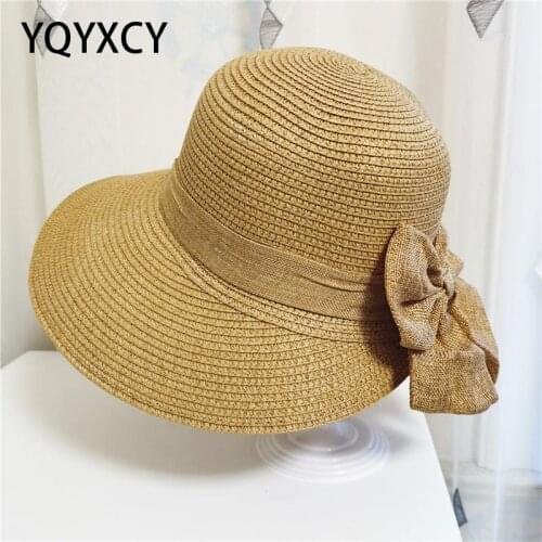 YQYXCY Summer Hats For Women Big Wide Brim Straw Sun Hat With Bow Outdoor Beach Travel Sunshade Folding Bucket Hat Cap New Gorro