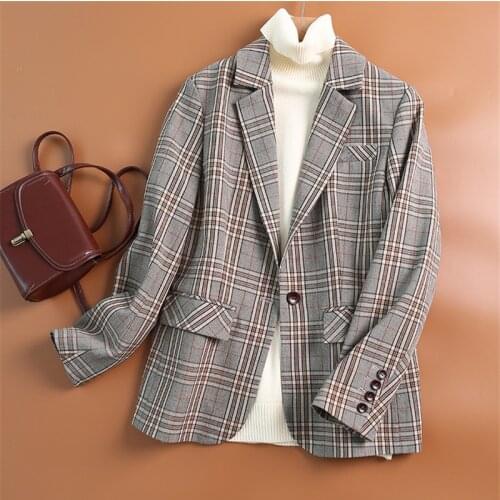 2021 High-quality Fashion Retro Plaid Blazer Women Office Lady Blazer Single Button Two Pocket Jacket Spring Autumn Coat Female