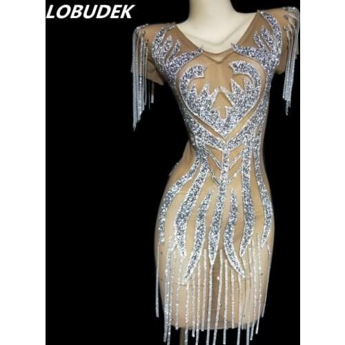 Bar Nightclub Women Singer Elegant Costume Silver Rhinestones Chains Tassel Mesh Short Dress Sexy Birthday Transparent Outfits