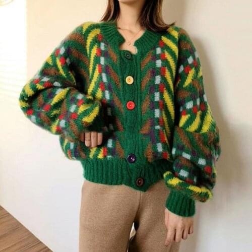 Clothes Women Sweater Cardigan Colorful Button Loose Casual Long Sleeve Korean Harajuku Streetwear Plaid Knitted Outwear Jackets