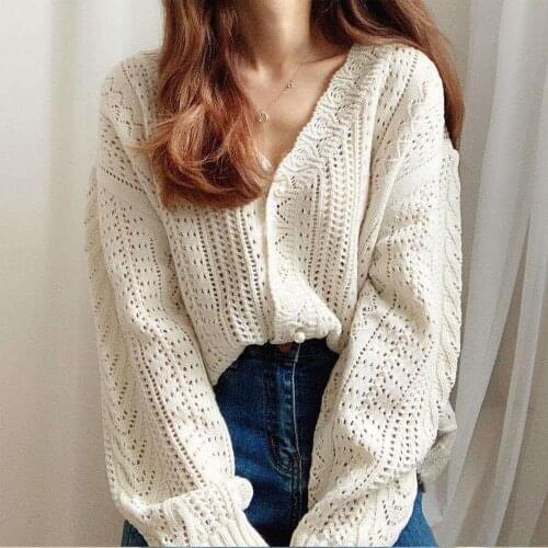 Women Knitted Cardigan Spring Elegant Ladies Hollow Out V-Neck Korean Vintage Female Solid Color Pearls Buttons Knitwear