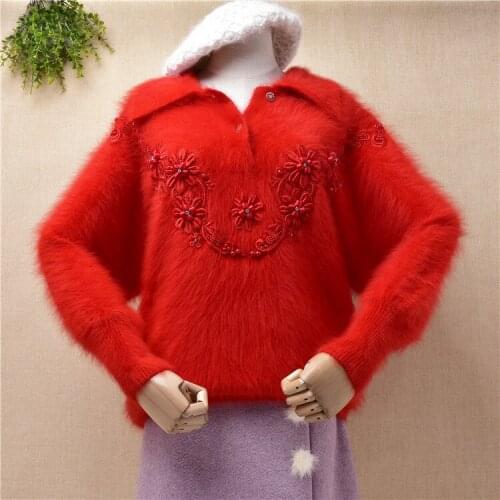 Ladies women vintage beading flower knitted red angora rabbit hair turn-down neck loose batwing sleeves loose pullover sweater