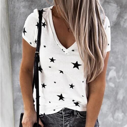 2020 Women Fashion Printed Stars T Shirt Ladies Sexy V- Neck T Shirt Female Casual Slim Tops New Women Tops For Female