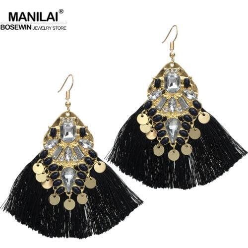 MANILAI 4 Color Bohemian Vintage Rhinestones Tassel Earrings Women Geometric Alloy Fringed Big Dangle Earrings Statement Jewelry