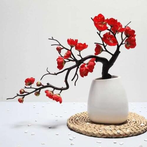 Red Plum Artificial Silk Cherry Blossom Plastic Flower Branches Home Wedding Flowers DIY Decoration Home Fake Flowers Decoration