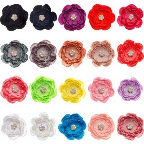 Yundfly 5PCS 4.4" Artifical Burned Satin Flowers with Pearl Rhinestone Button DIY Bridal Bouquet Baby Girls Hair Flowers