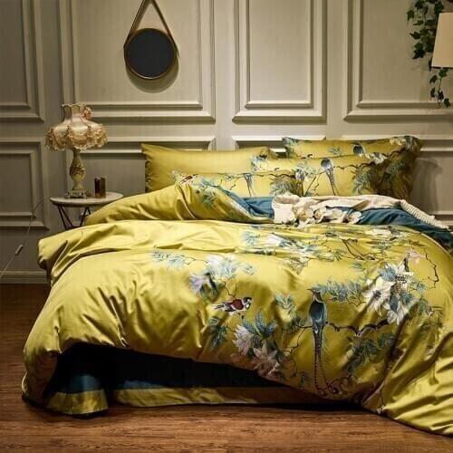 Silky Egyptian cotton Yellow Chinoiserie style Birds Flowers Duvet Cover Bed sheet Fitted sheet set King Size Queen Bedding Set