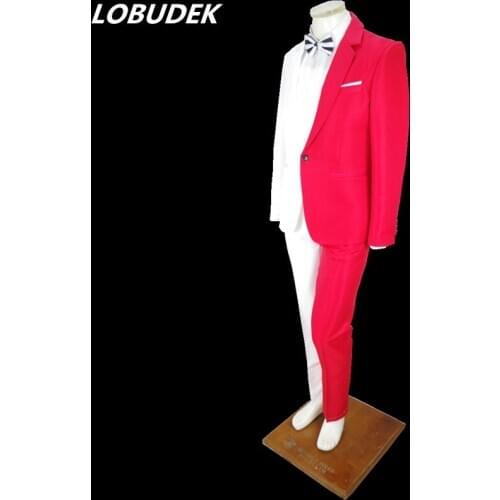 Red White Splicing Irregular Tuxedo Adult Mens Suits Compere Magician Host Singer Dancer Stage Outfit Show Performance Costume