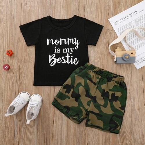 Little Boy Summer Short-sleeved Shorts Set Unique Letter Round Neck Tops+Camouflage Short Pants Cotton Casual Outfits Sets