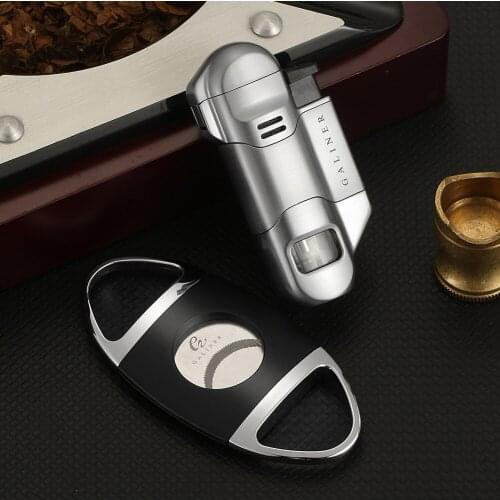 GALINER Metal 3 Torch Lighter Gas Refilling Blue Fire Jet Cigar Lighter Cutter Guillotine Steel Dual Blade Sharp Cigars Cutter