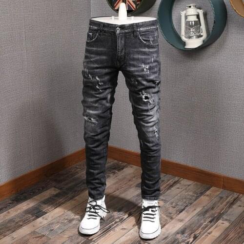 Italian Style Fashion Men Jeans Retro Black Gray Slim Fit Ripped Jeans Men Brand Designer Vintage Destroyed Denim Punk Pants