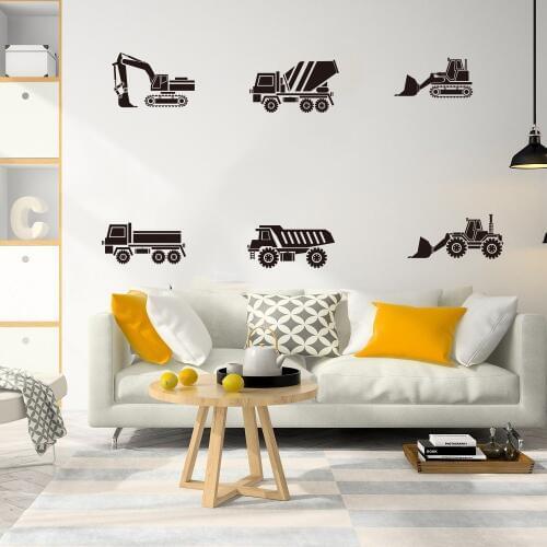 Cartoon 6pcs Construction Truck Crane Bulldozers Wall Decal Kids Room Construction Builder Vehicle Wall Sticker Playroom Vinyl