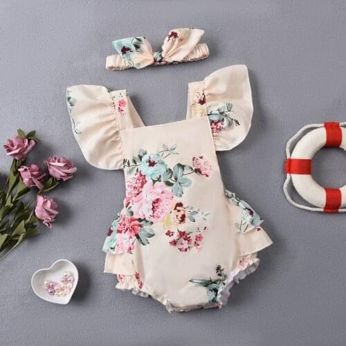 0-12M Newborn Baby Girl Ruffles Sleeve Floral Romper Jumpsuit Headband 2PCS Outfits Summer Clothes