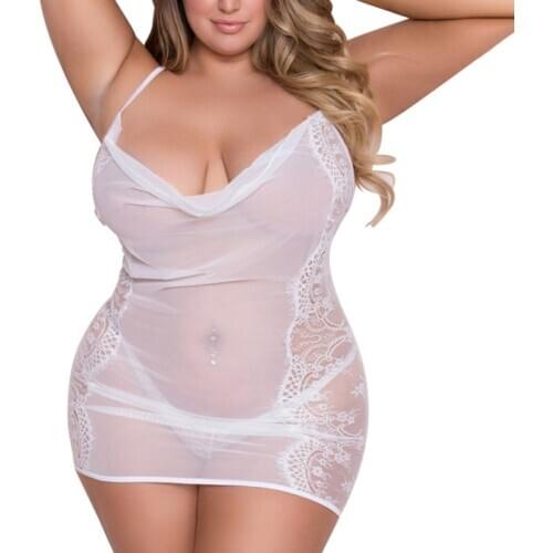 Plus Size Summer New Women Sexy Nightdress Sexy Suit Lace Perspective Fat Man Sexy Lingerie Transparent Dress