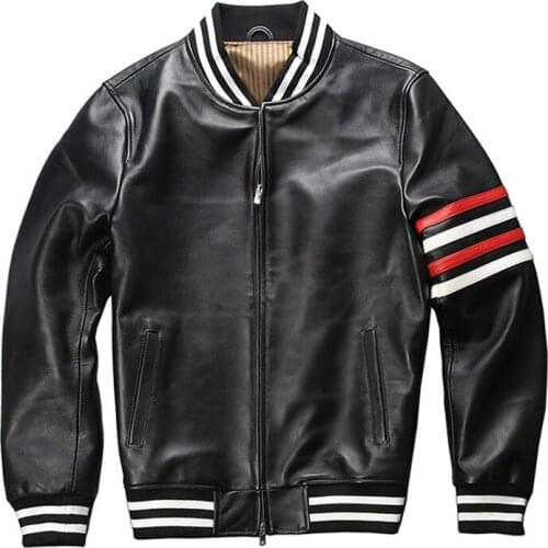 2021 Spring Autumn New Mens Genuine Leather Baseball Uniform Striped Casual First Layer Sheep Leather Jacket