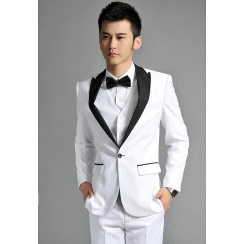 Custom Made New Fashion White Tuxedo Jacket Black Shawl Lapel Black Pants,Bespoke Groom Tuxedos, Wedding Suits For Men