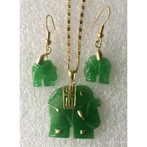 Charming! Natural 14KGP Green Jade Elephant Pendant Necklace Earring Set